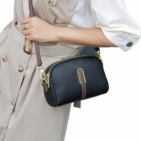 Black Soft Shoulder Purse Crossbody Two Zipper Compartments - Picture 2 of 13